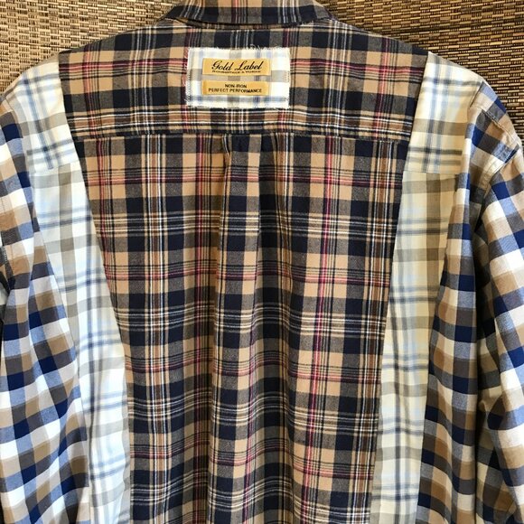 Mixed Print Button-Down Shirt, M-L: Upcycled Boho Patchwork Top, Autumn Colors - Picture 11 of 12